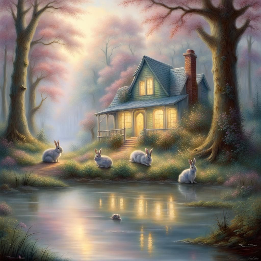 Ethereal Forest Scene with Rabbits in Pastel Hues