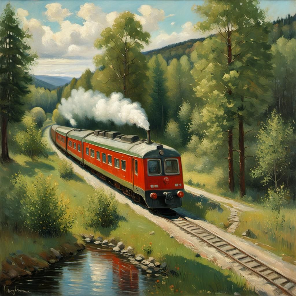 Red Norwegian Train in Impressionist Oil Painting