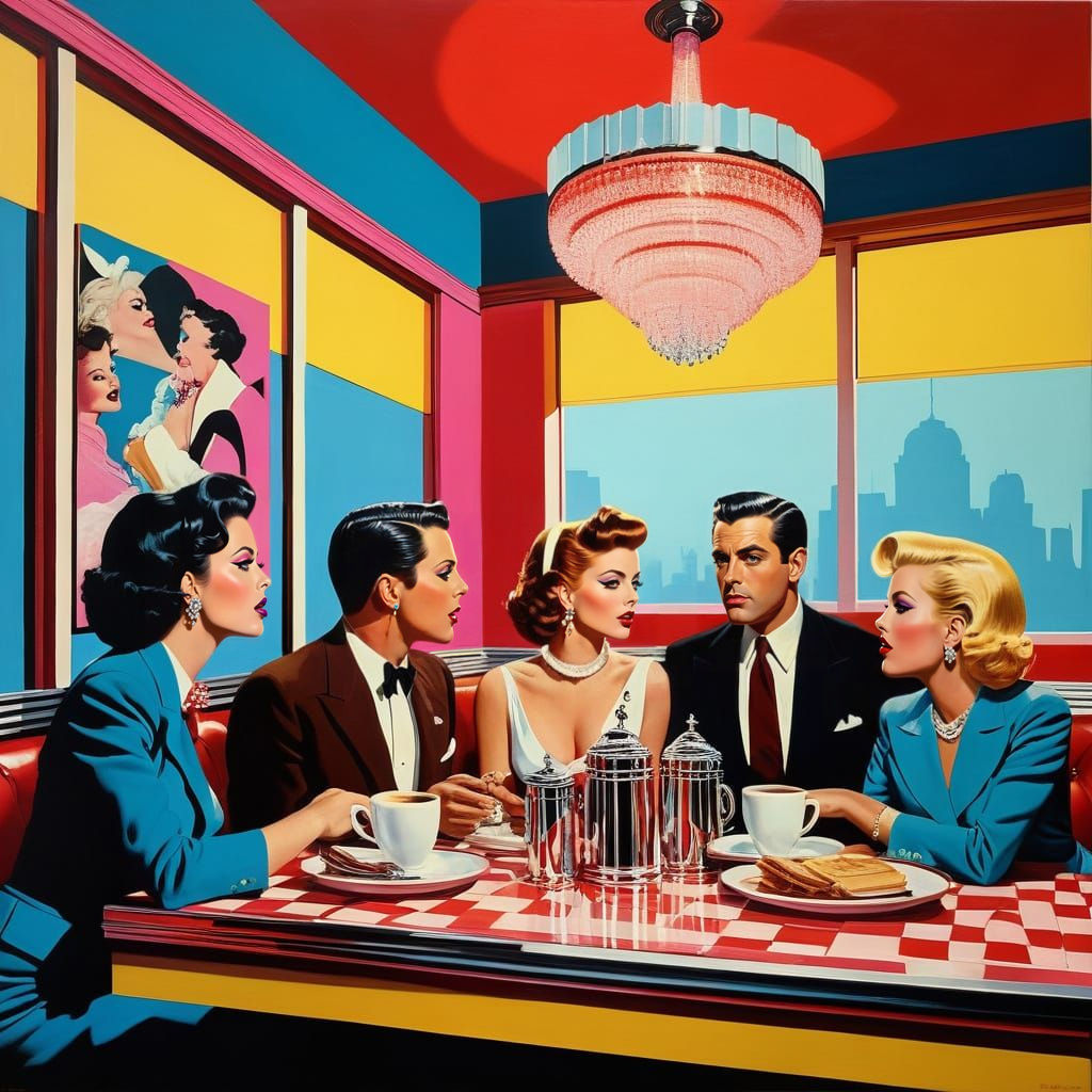 Eccentric Diner Scene in Vibrant Triadic Colors