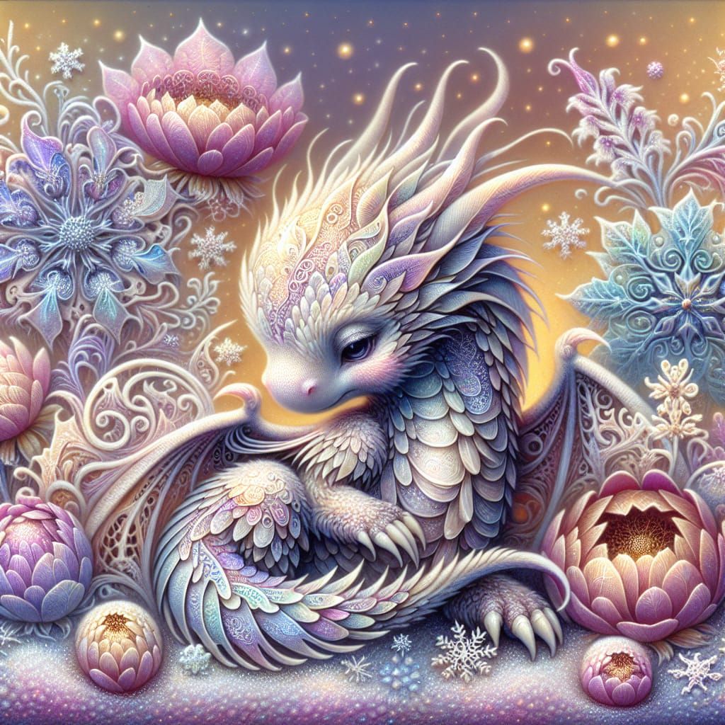 Pastel Baby Dragon on Flowers in Winter Wonderland