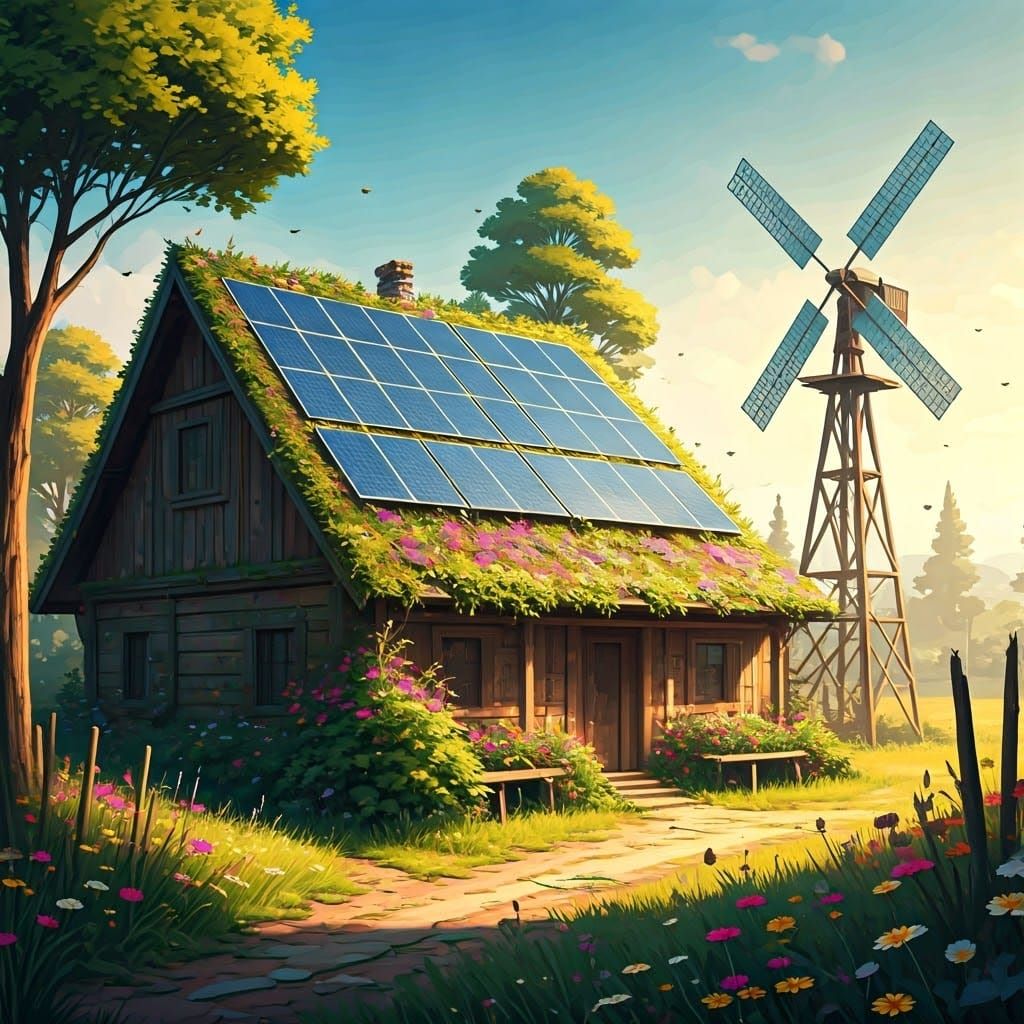 Rustic Farmhouse Under Wildflower Canopy with Whimsical Wind...