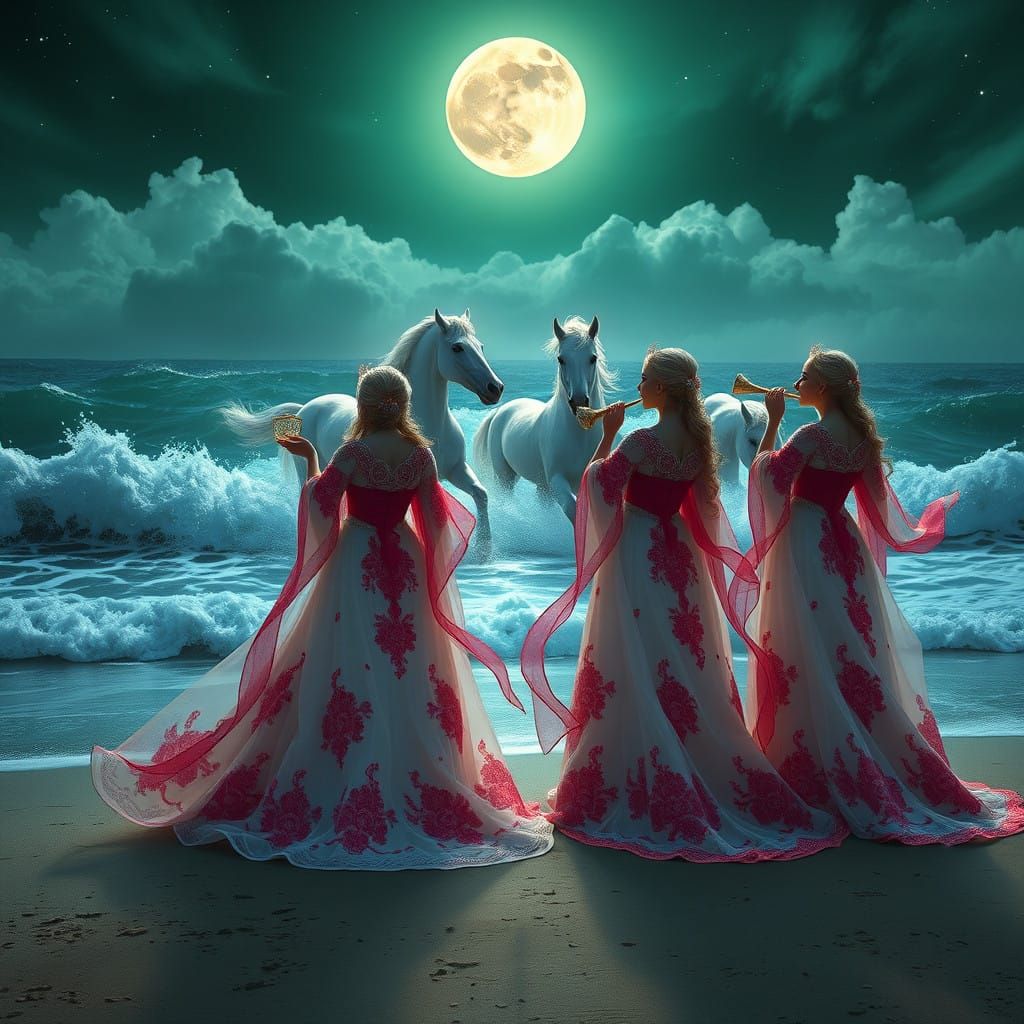 Four Princesses on a Moonlit Beach Under a Vibrant Green Nig...