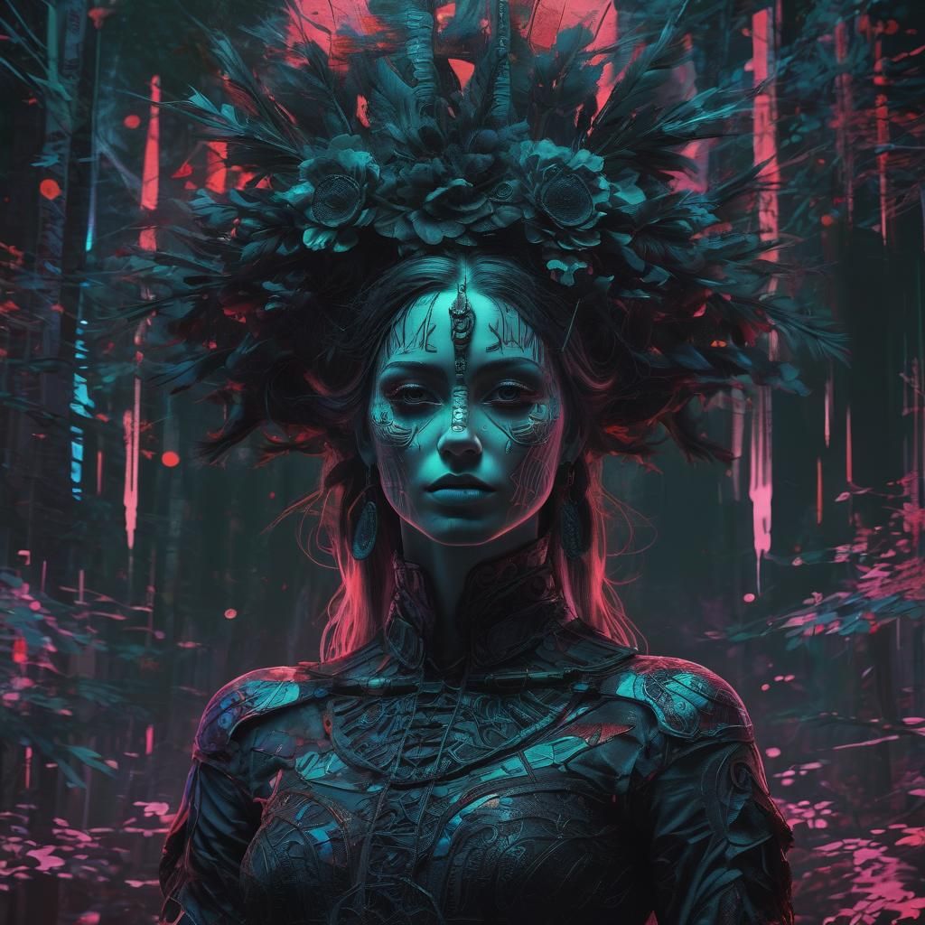 Pagan Ritual in Glitch Art Style with Neon Colors