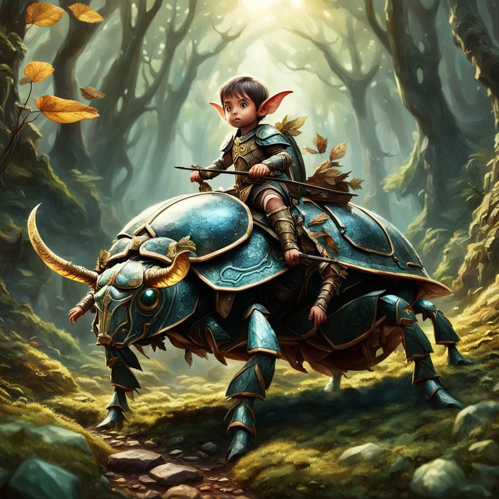 Elf Warrior on Beetle Mount in Summer Forest