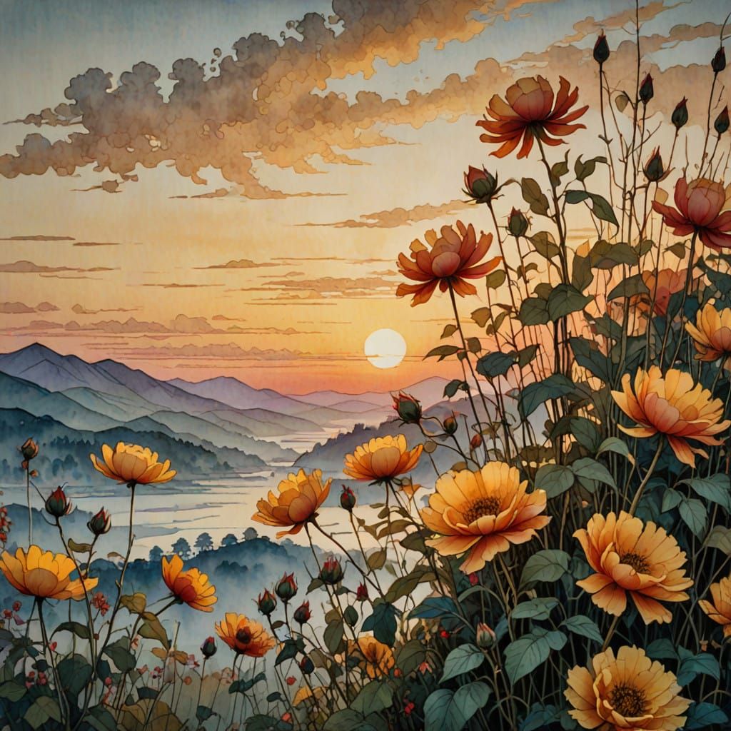 Vibrant Sunrise with Excessively Detailed Flowers in Traditi...