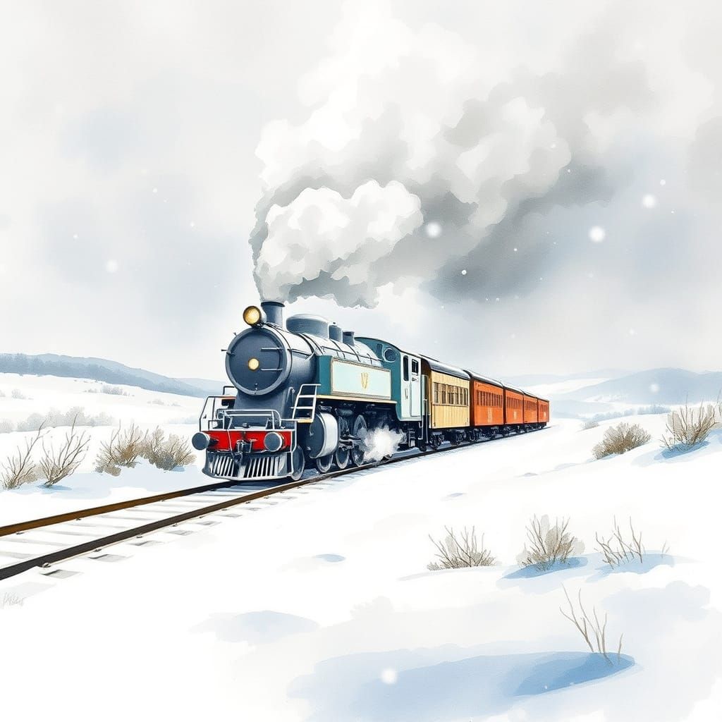 White Steam Train in Snowy Landscape, Watercolor Style