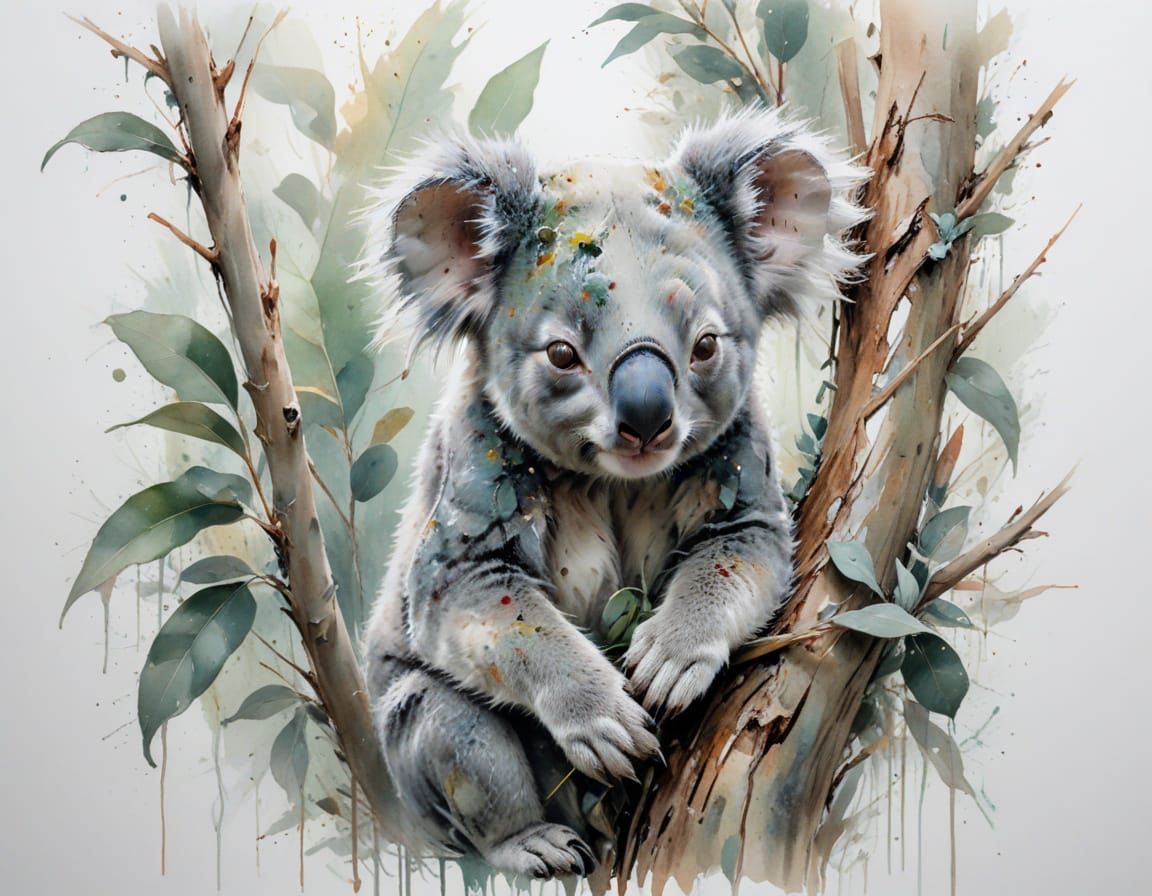 Koala Joey Clings to Mother in Eucalyptus Tree Watercolor