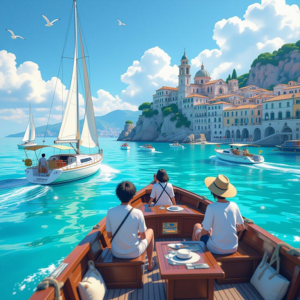 People Sailing Boats on Italian Coast in 3D Anime Style