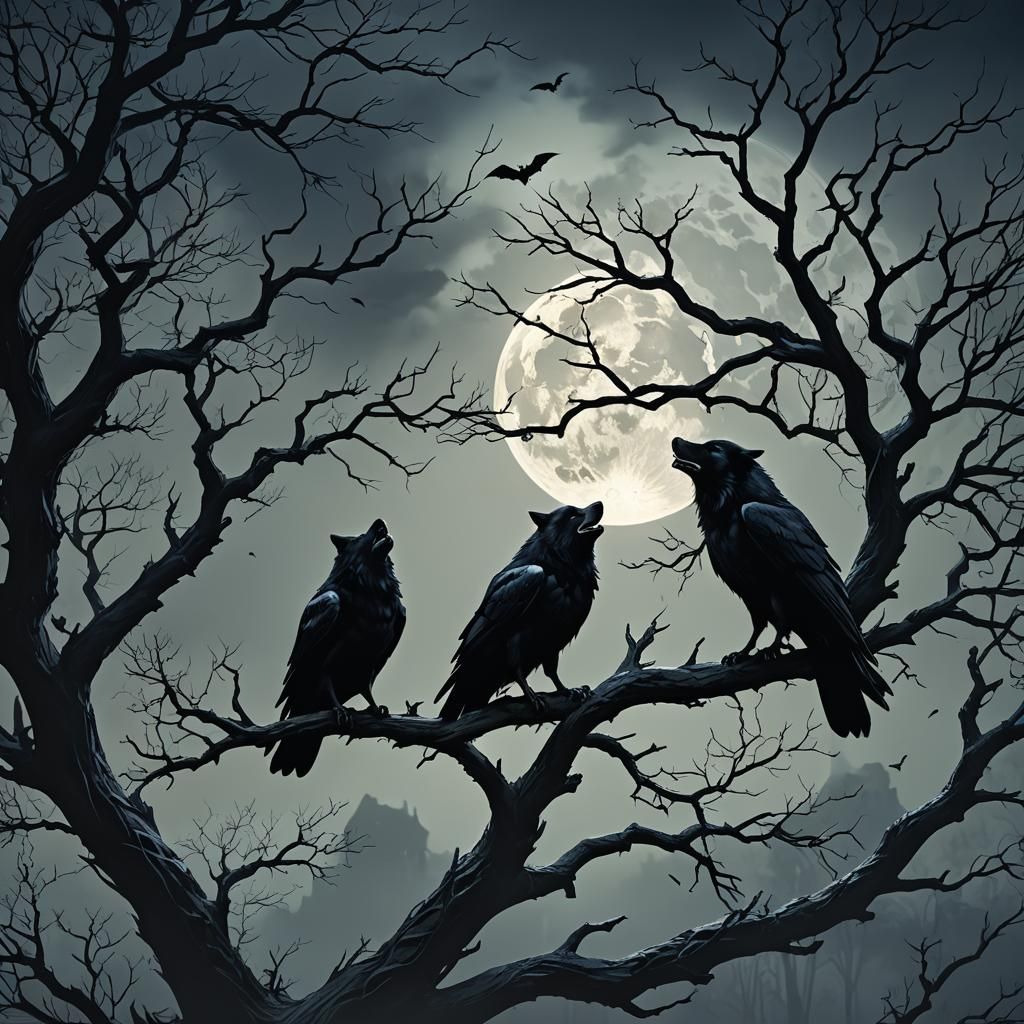 Raven and Wolf in Dark Fantasy Landscape