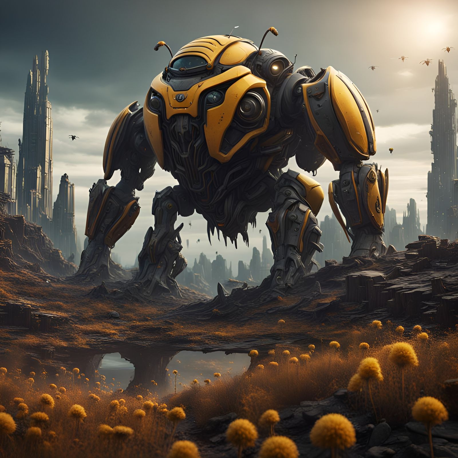 Dystopian Landscape with Giant Bumblebee Aliens