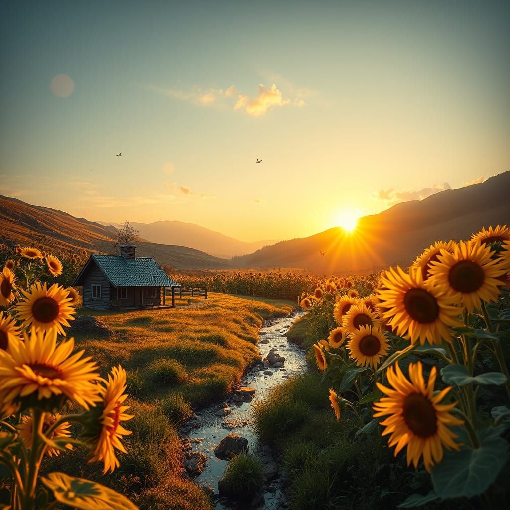 Sunflower Valley Cabin at Twilight: Oil Painting Landscape