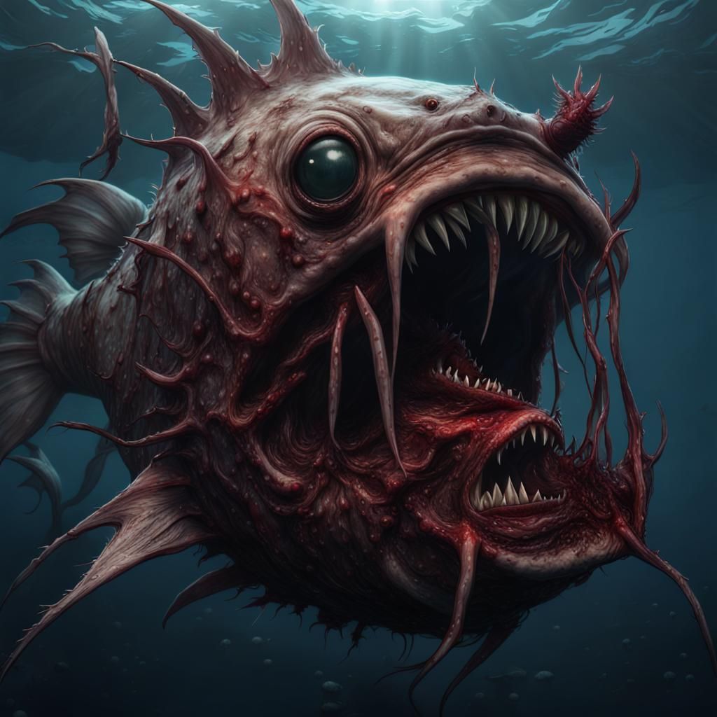 Evil Angler Fish Underwater Attack in Detailed Matte Paintin...