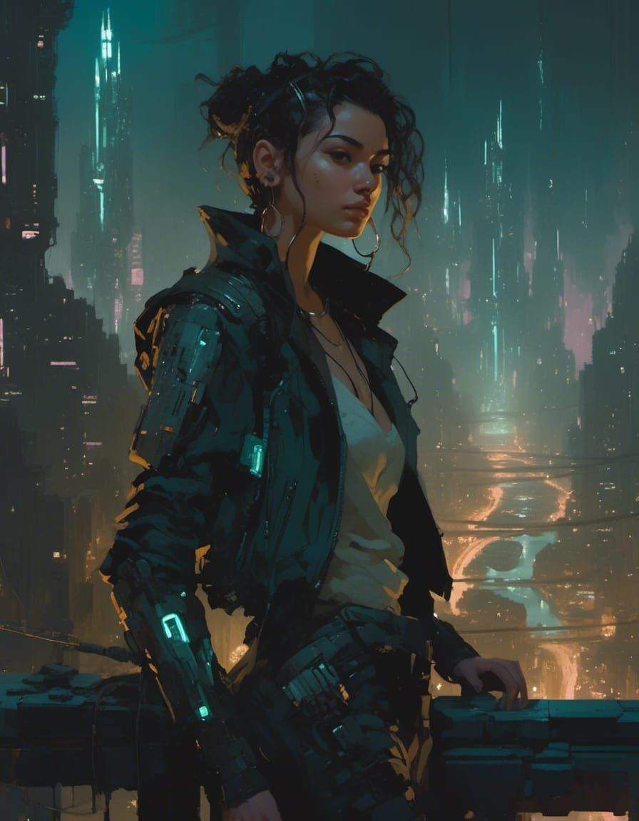 Glamorous Hacker Overlooks Cyberpunk Cityscape