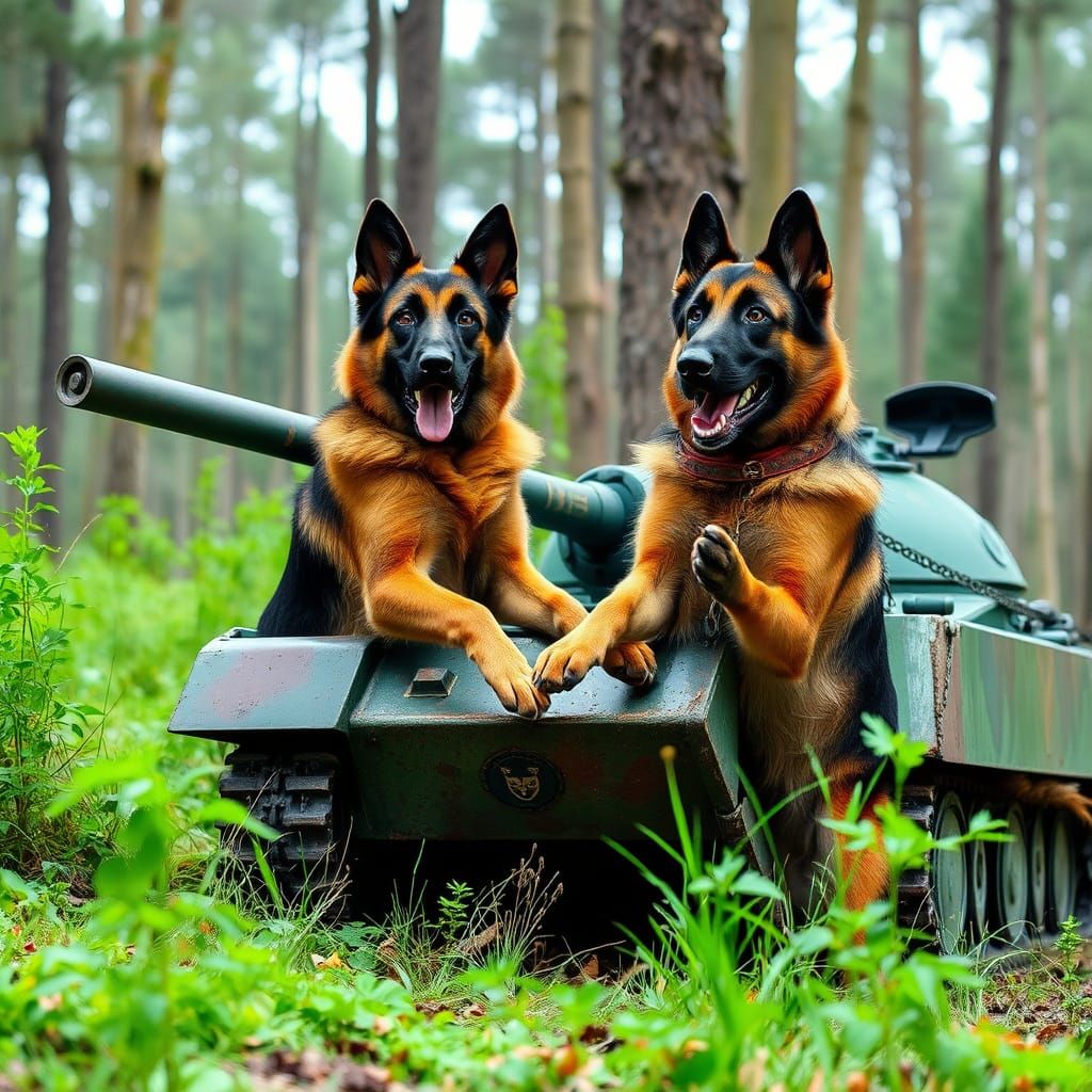 German Shepherds and Malinois Stand on Tank in Forest