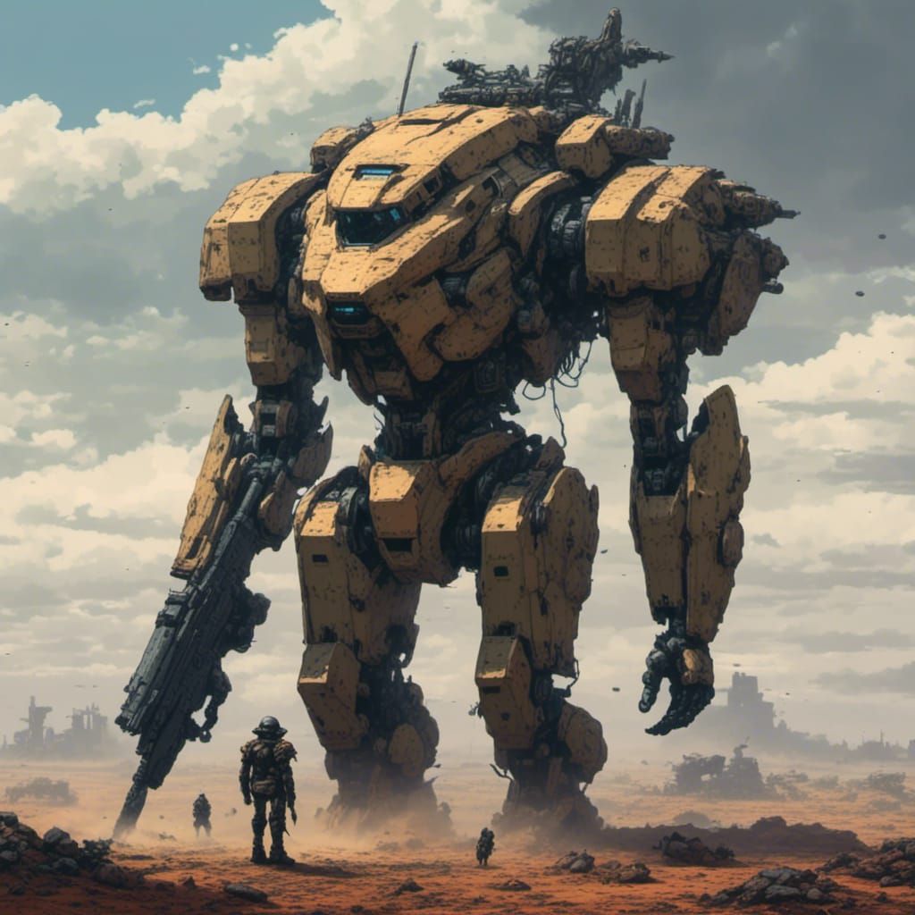 Mechanized Soldier on Battlefield in Battle Armor