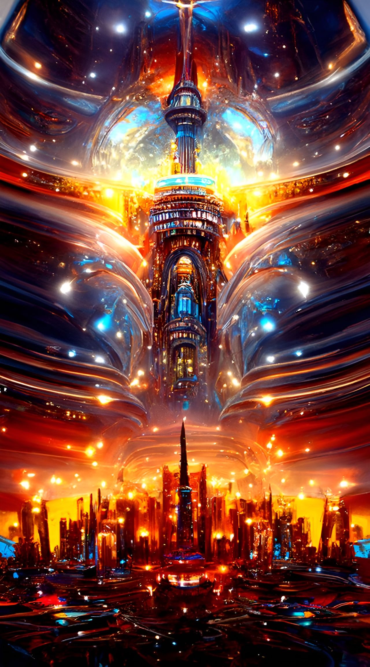 Cosmic Cityscape with Water Reflections