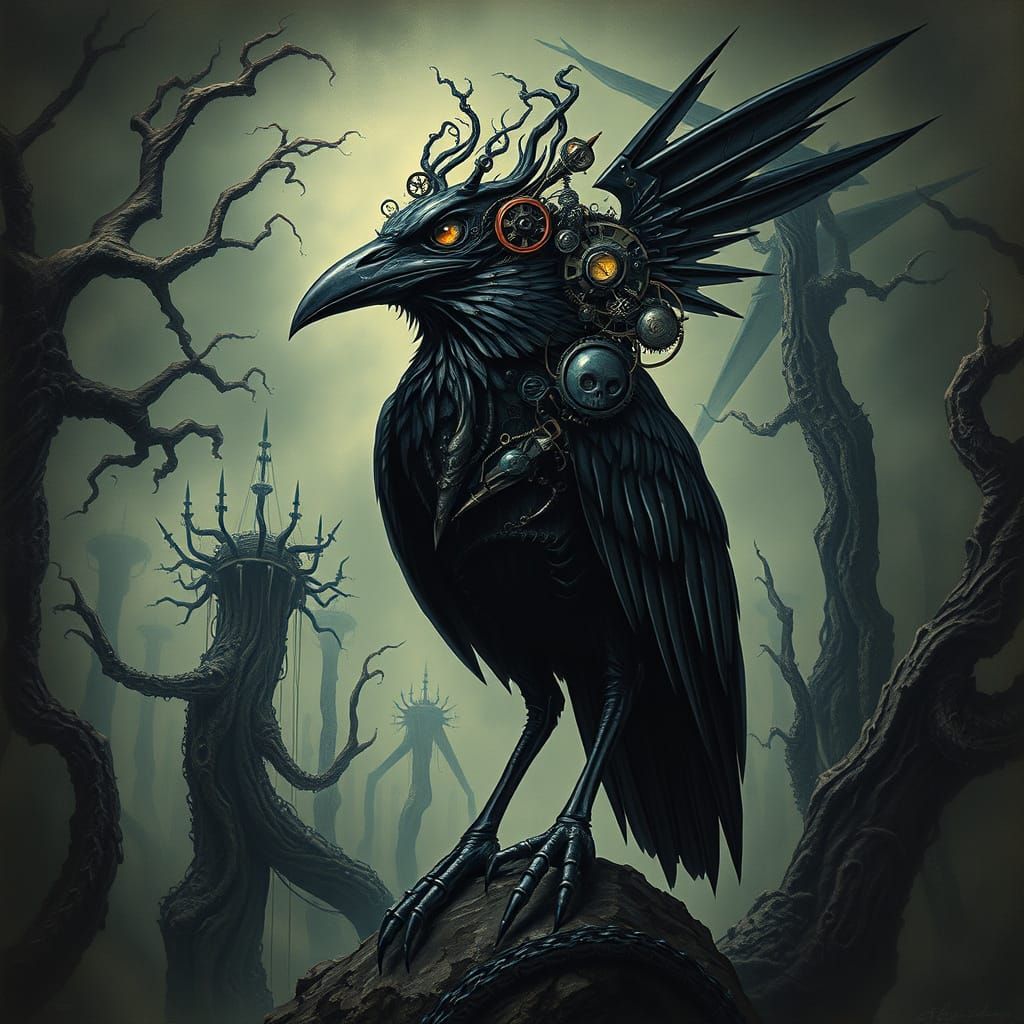Steampunk Raven Meets Biomechanical Horror Art