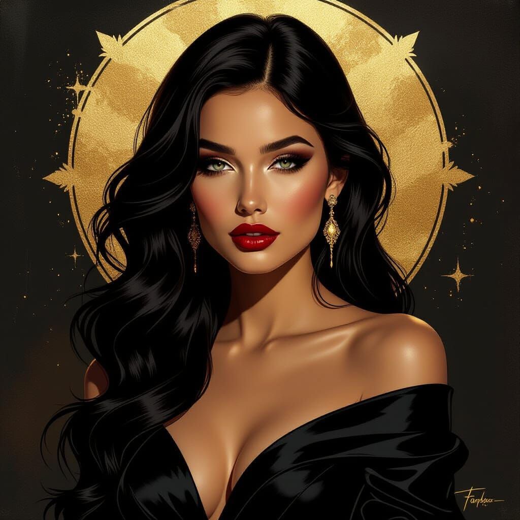 Elegant Woman in Gold and Black, Digital Painting