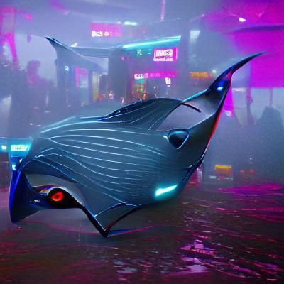 Cyberpunk Manta Ray in Neon Cityscape