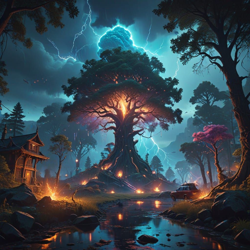 Ethereal Fantasy Town Transformed by Vibrant Lightning