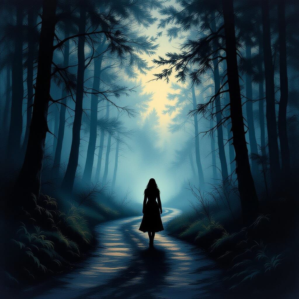 Solitary Figure Walks Forest Path at Dusk