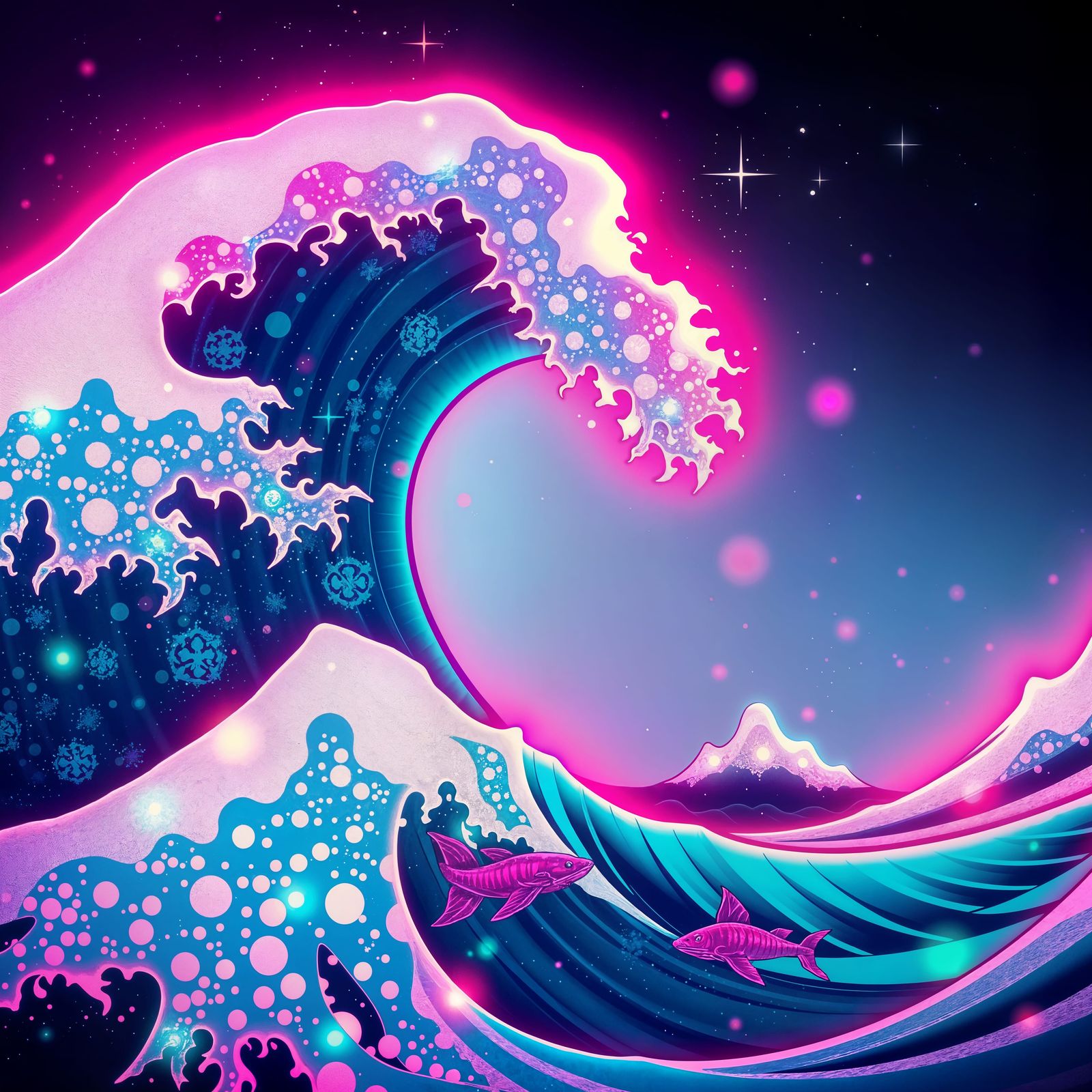 Hokusai Wave with Neon Holographic Lights