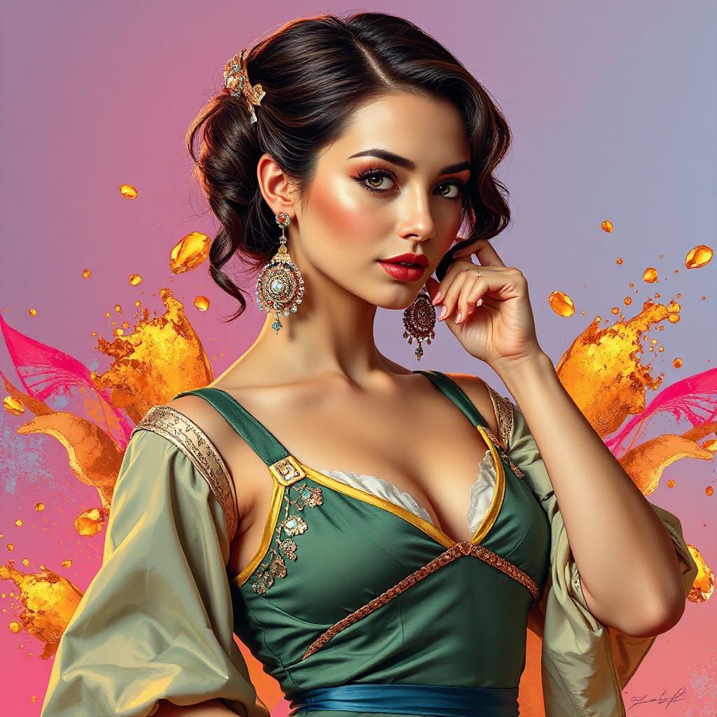 Hyperrealistic Portrait in Splash Art Style with Elegant Att...