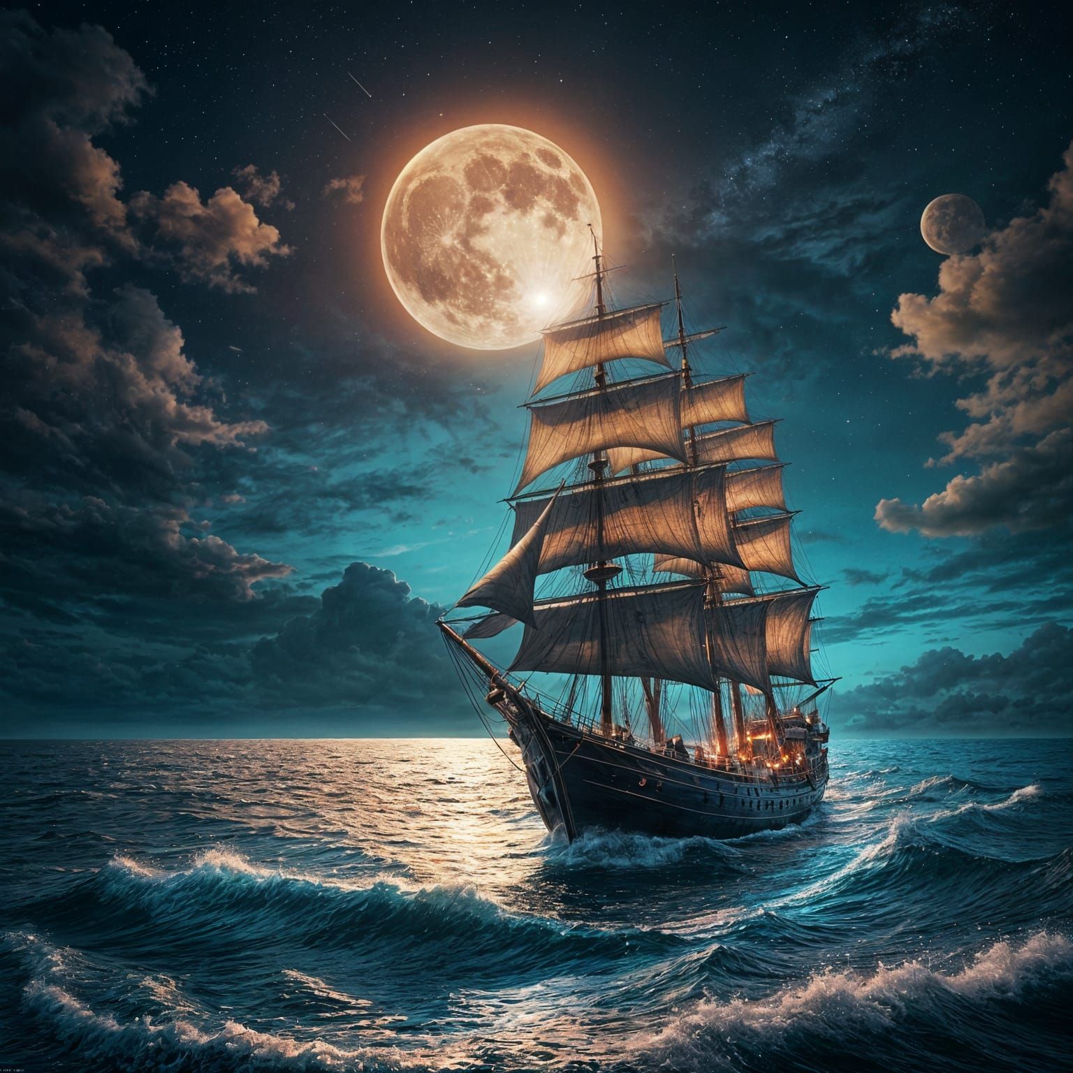 Hyperrealistic Moonlit Seascape with Sailing Ship