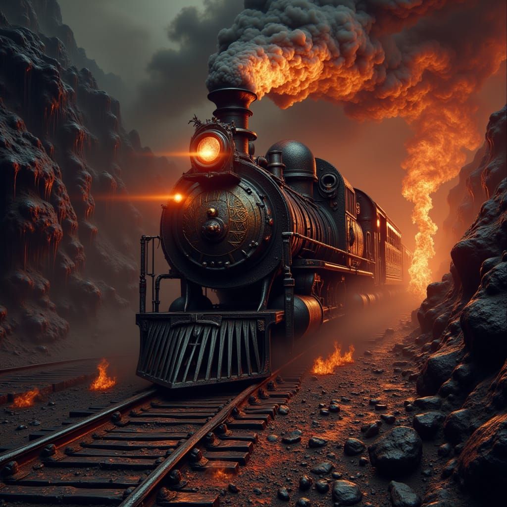 Matador Train Racing Towards Fiery Abyss in Gothic Style