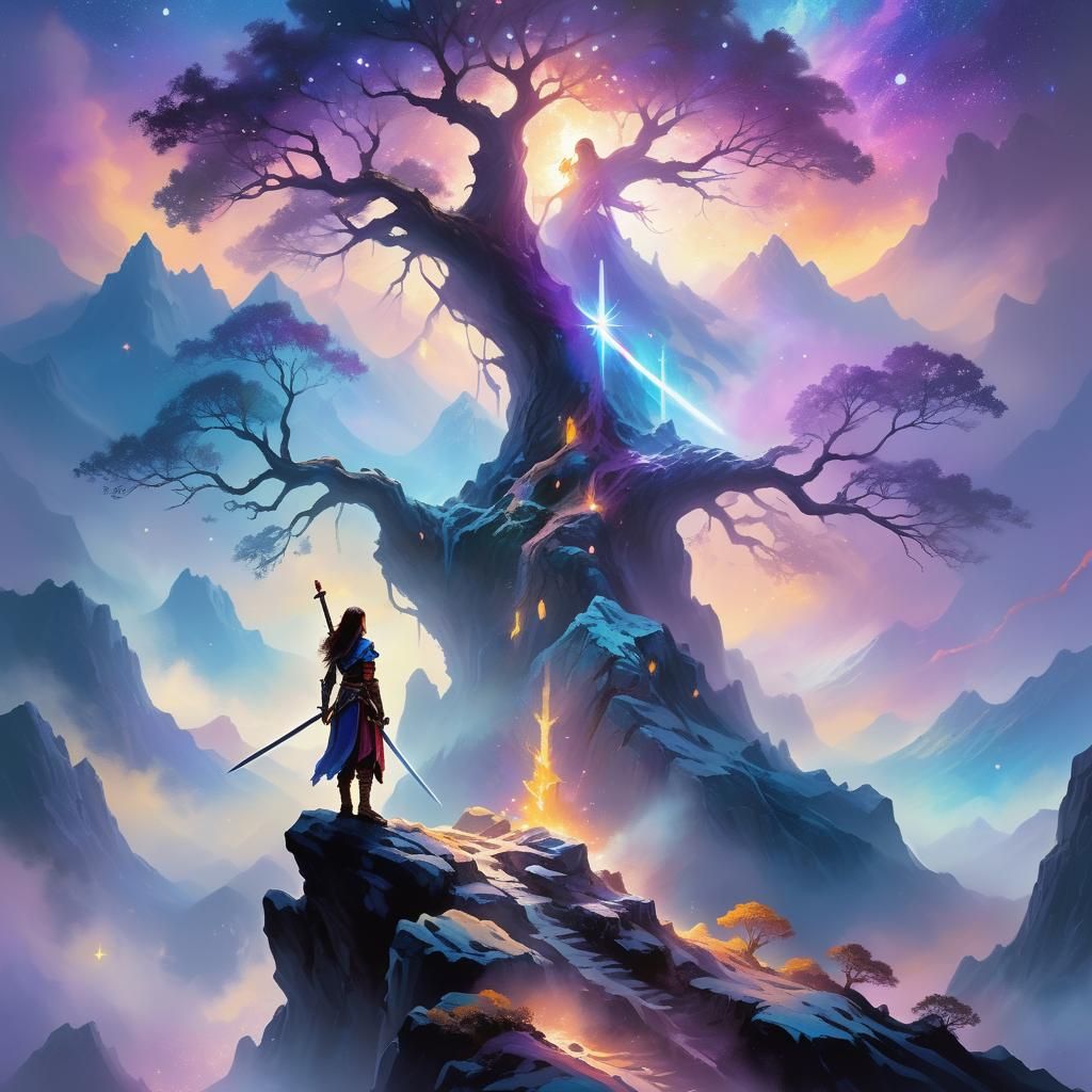 Brave Warrior Woman on Misty Mountain Peak