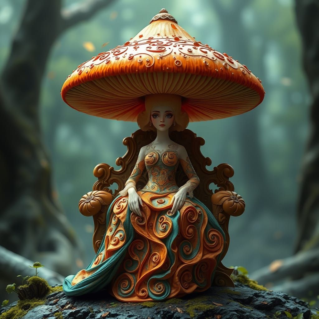 Regal Shitake Queen in Art Nouveau-Inspired Gown