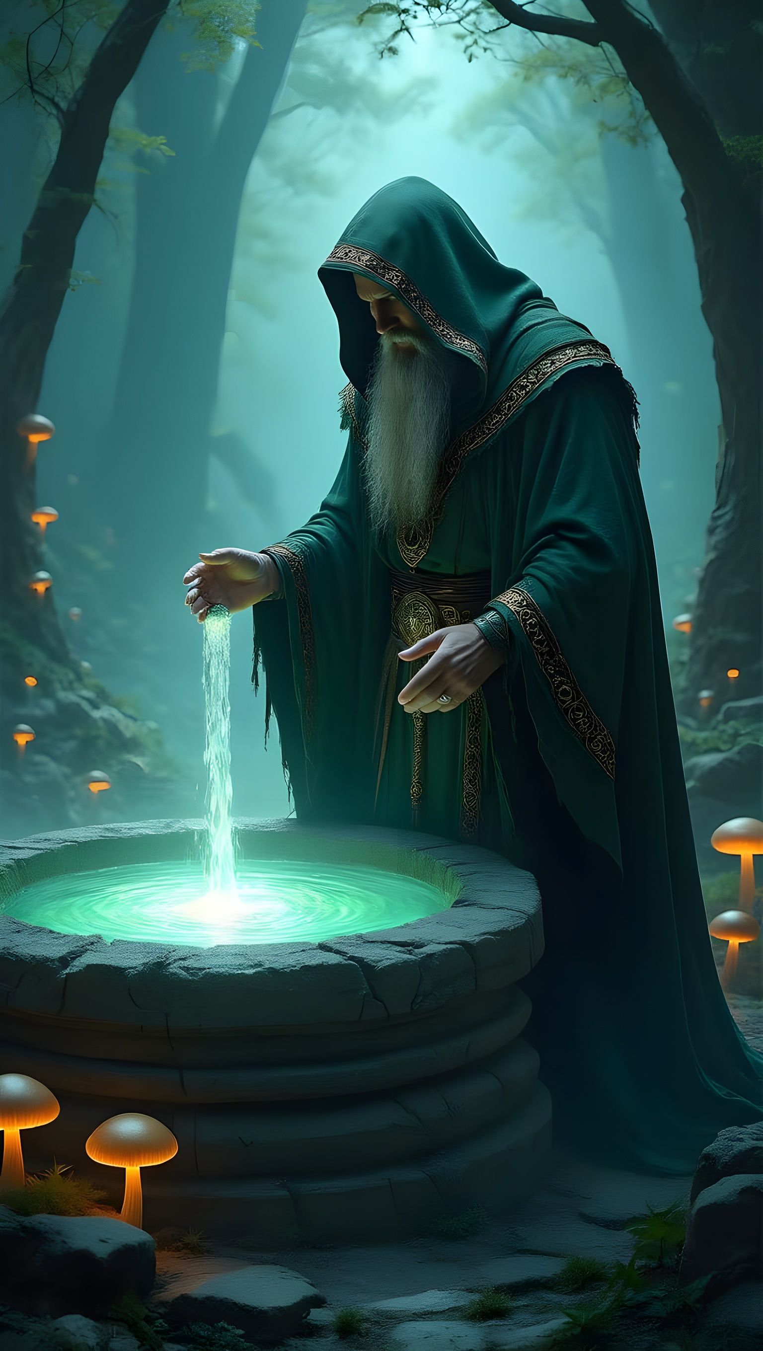 Odin in Dark Green Hooded Robe, Sacrificing for Wisdom