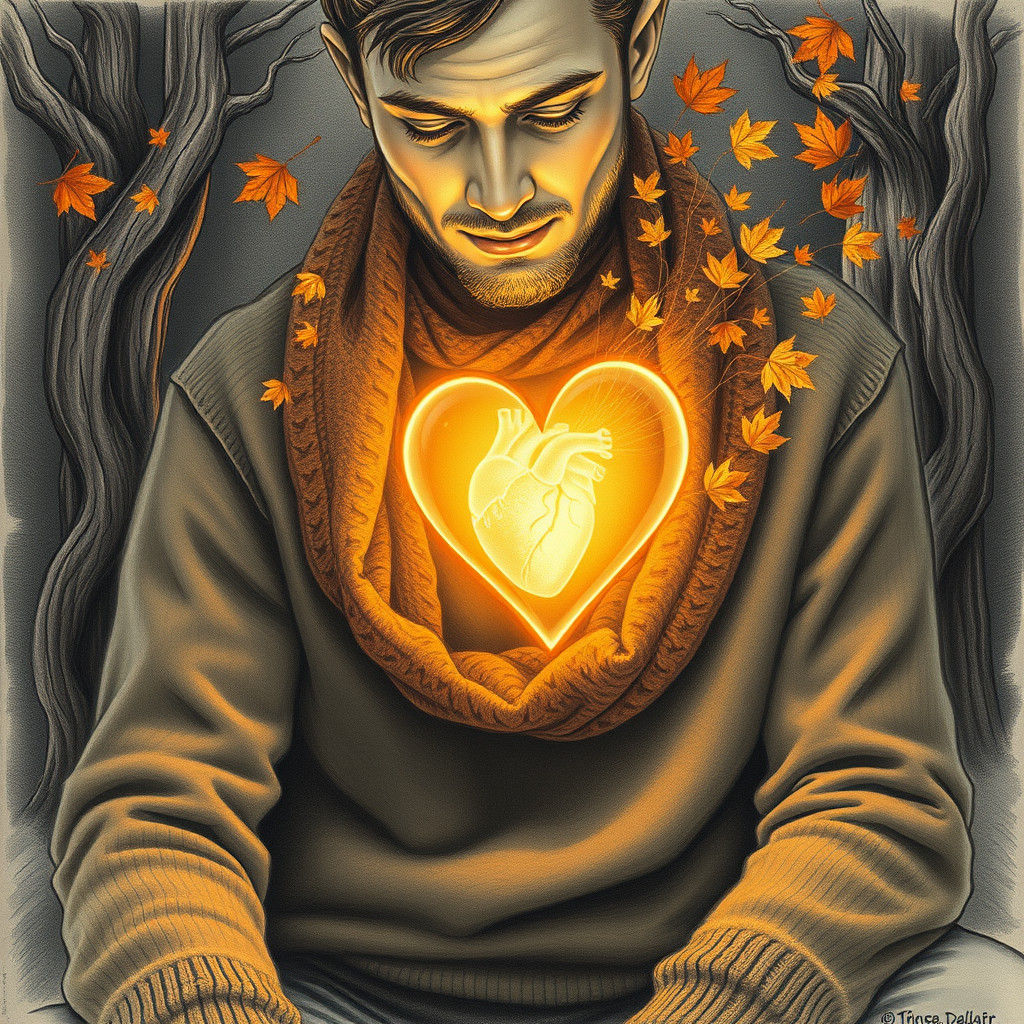 Contemplative Man with Autumn Leaves Heart Charcoal Drawing