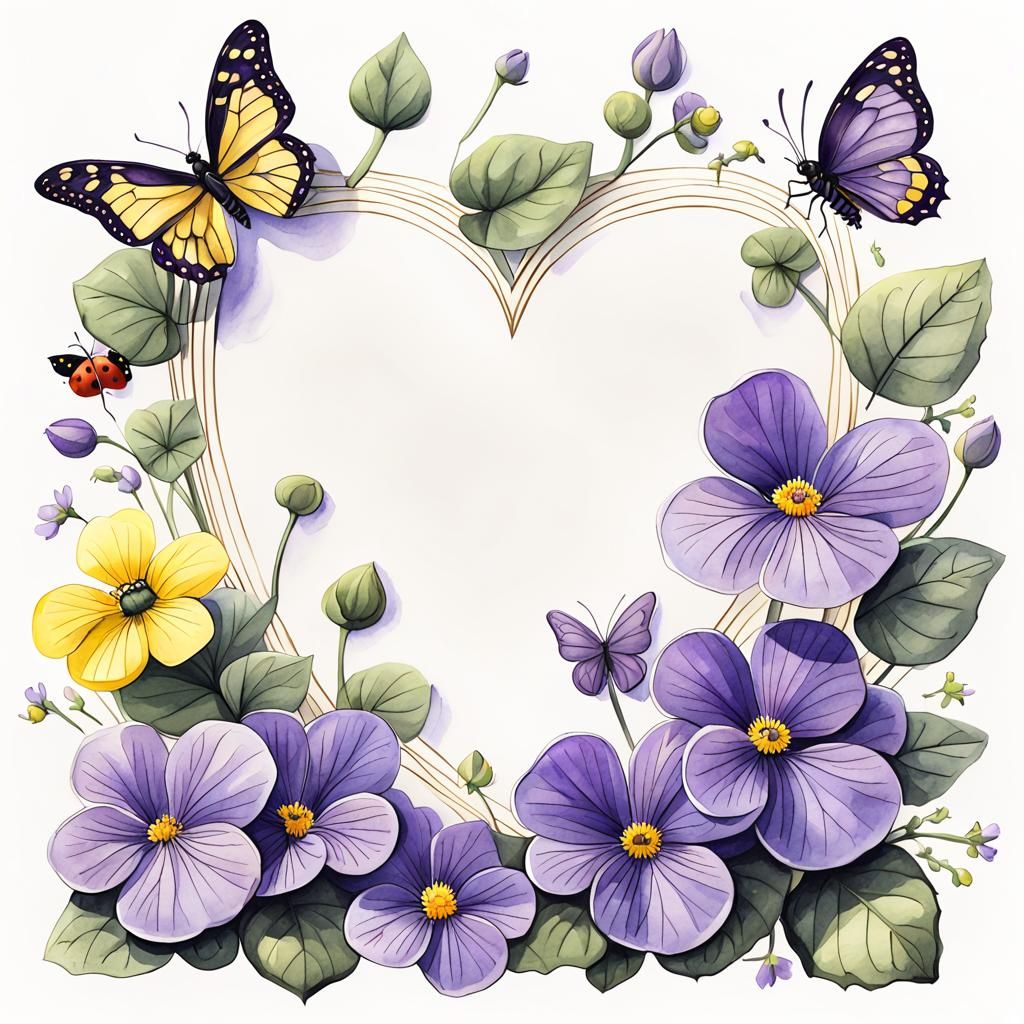 Vibrant Watercolor Cartoon of Violets in Frame