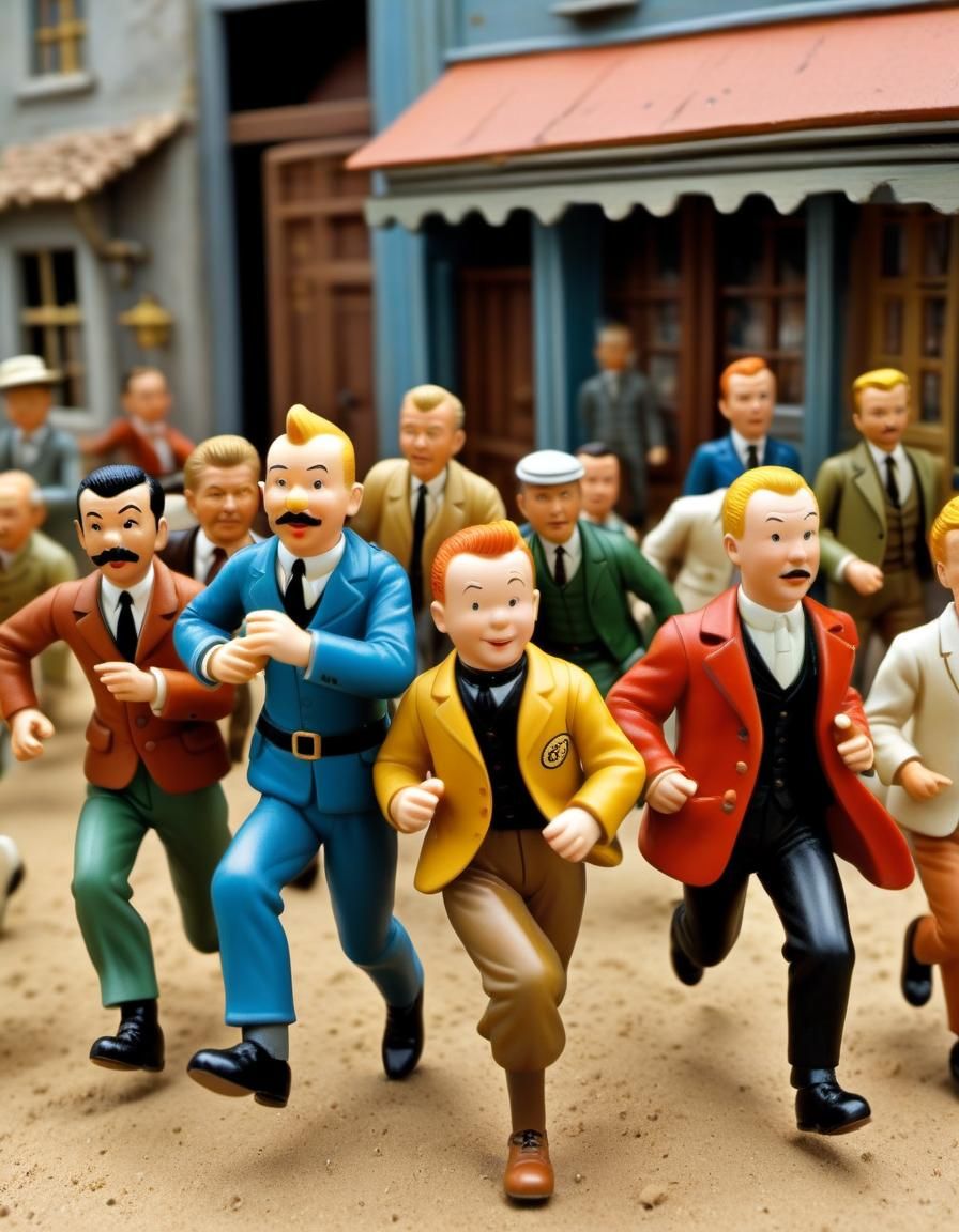 tintin with Thomson and Thompson running behind