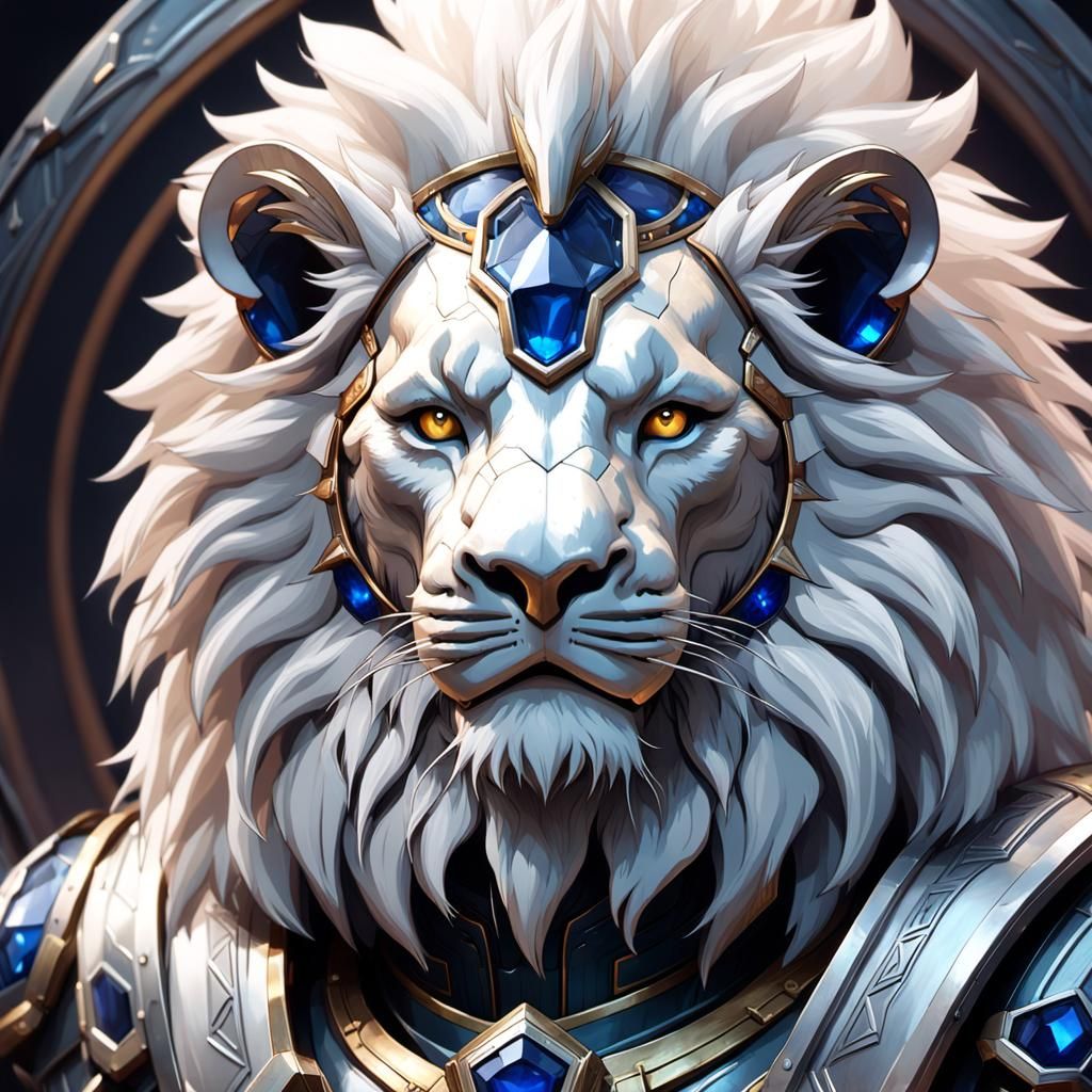 Armored White Lion with Sapphire Helmet, Hyperdetailed Portr...