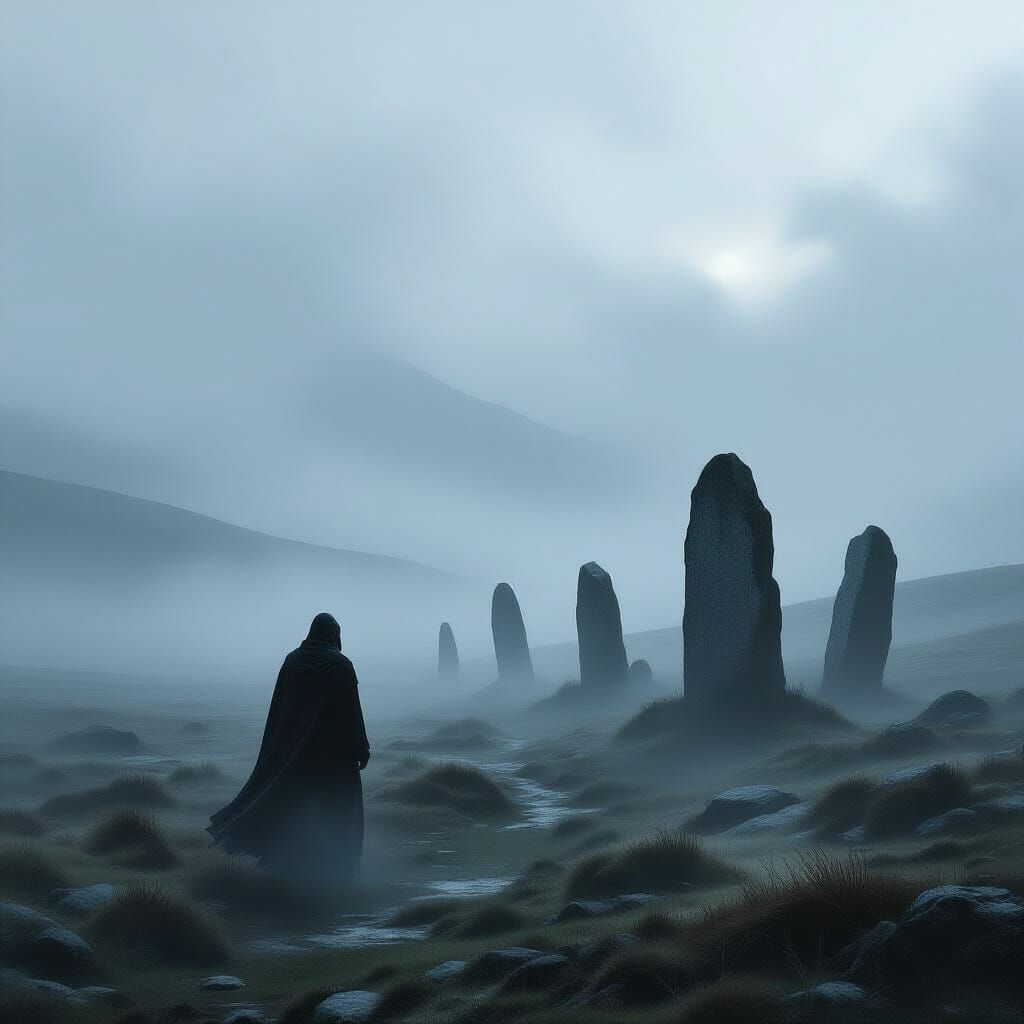 Moorland Traveler at Ancient Standing Stones in Foggy Landsc...