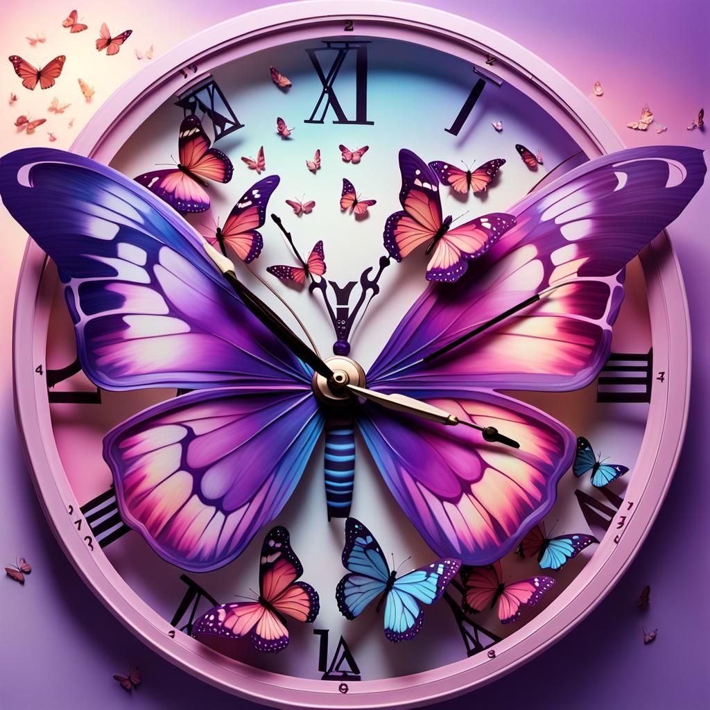 Clock Face Transforming to Butterflies in Magical Realism