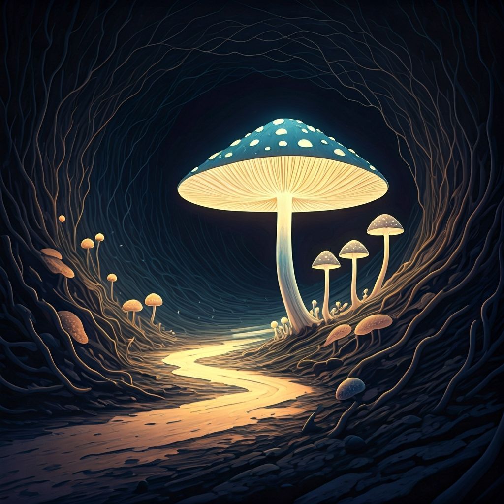 Bioluminescent Myconoid Guide of Underground Paths