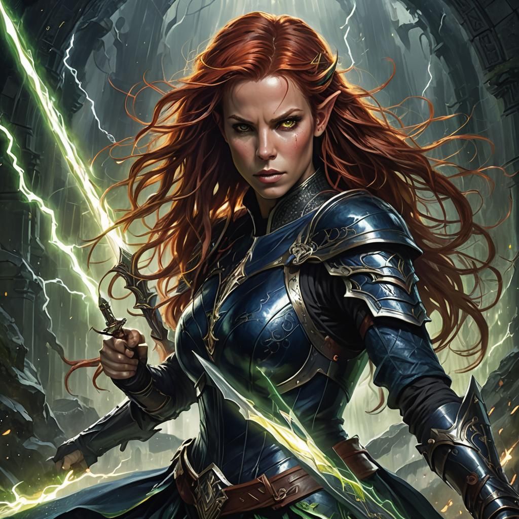 Elf Warrior with Lightning Sword in Dark Fantasy Style