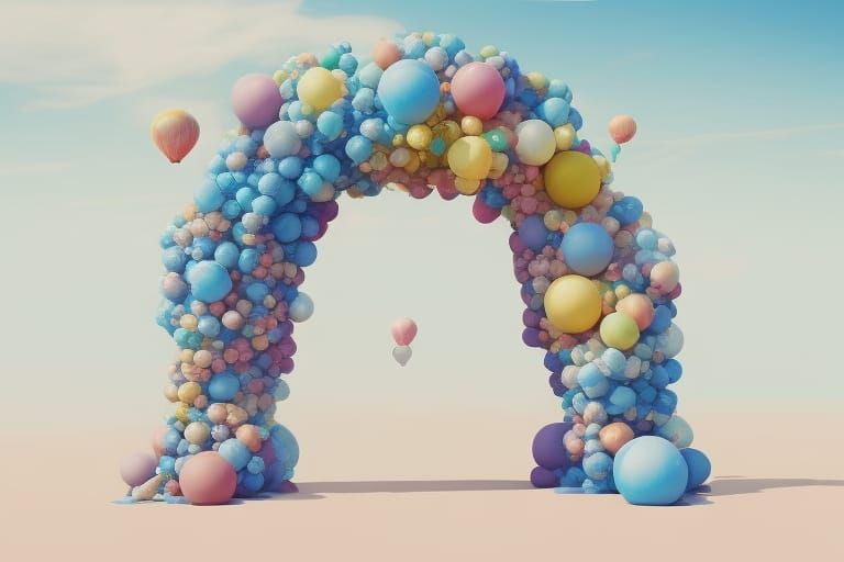Colorful Balloon Arch on Beach: Fantasy Art