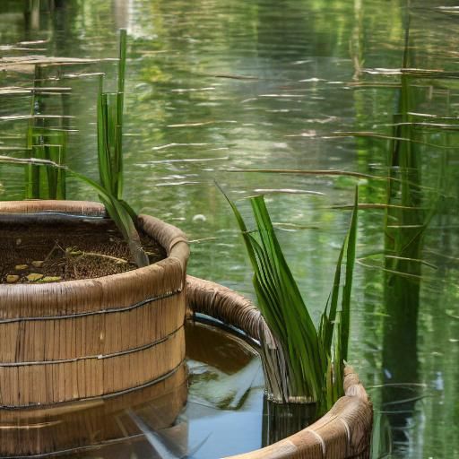 Water Flowing Through Bamboo Tubes in Pond