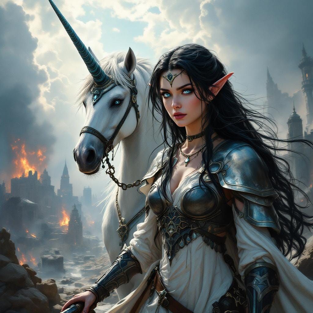 Elf Warrior and Unicorn in Burning City, Oil Painting