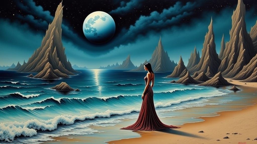 Surreal Seaside Dreamscape with Flowing Gown