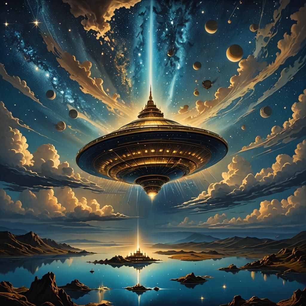 Surreal Flying Saucer in Night Sky