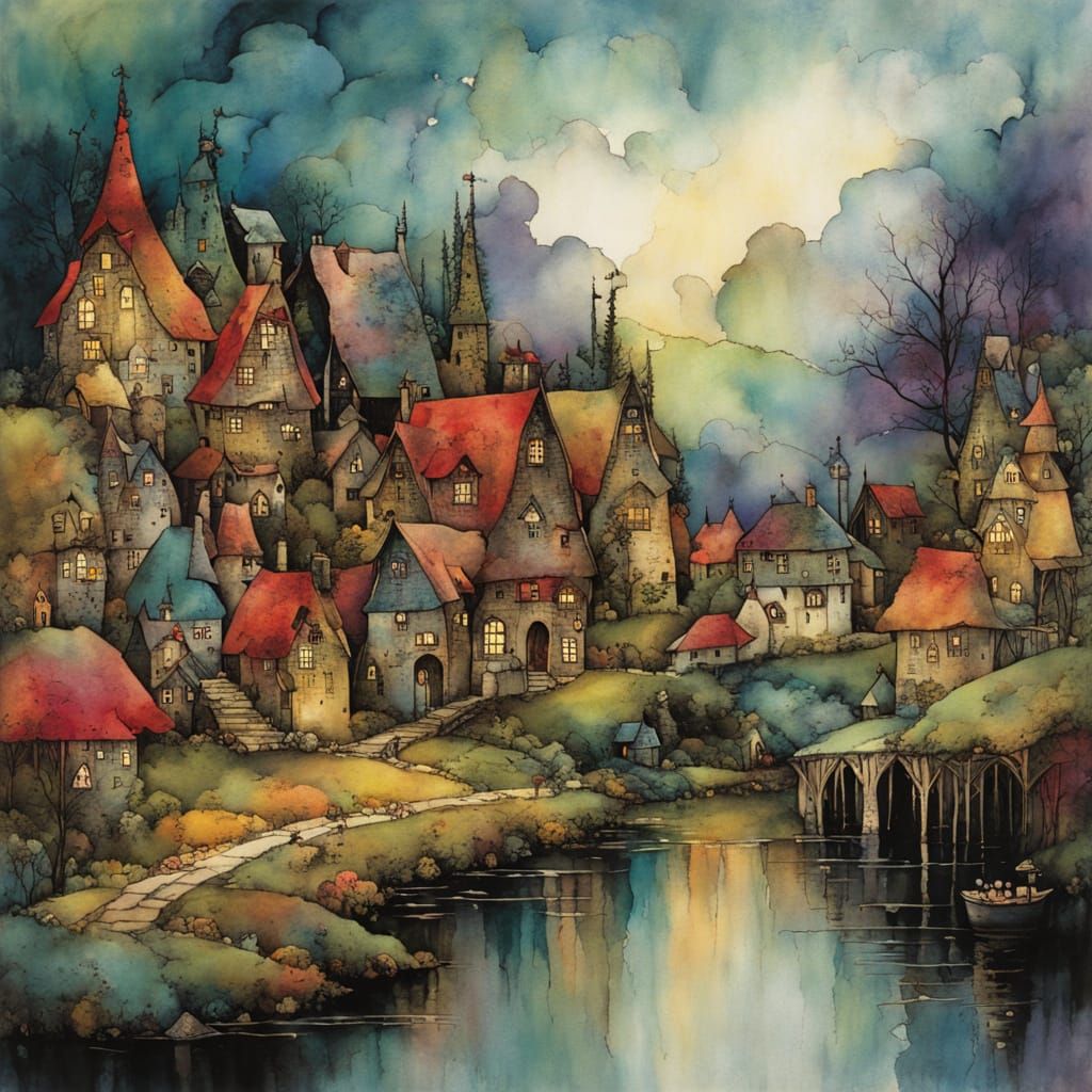 Whimsical Village at Sunset