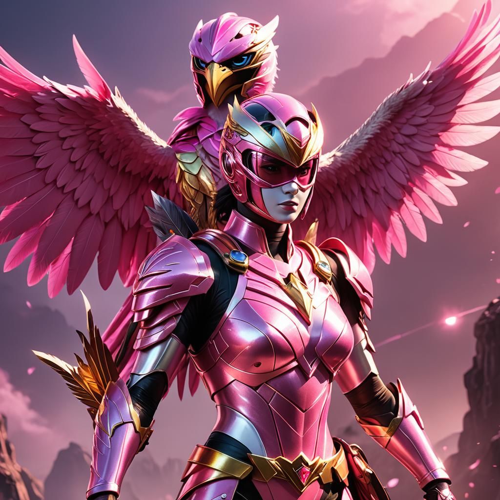 Pink Power Ranger with Eagle in Anime Style