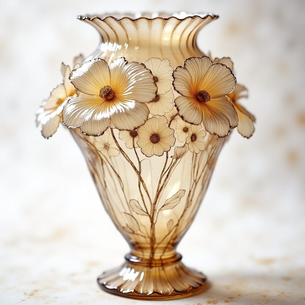 Elegant Cream Colored Tiffany Crystal Vase with Intricate Fi...