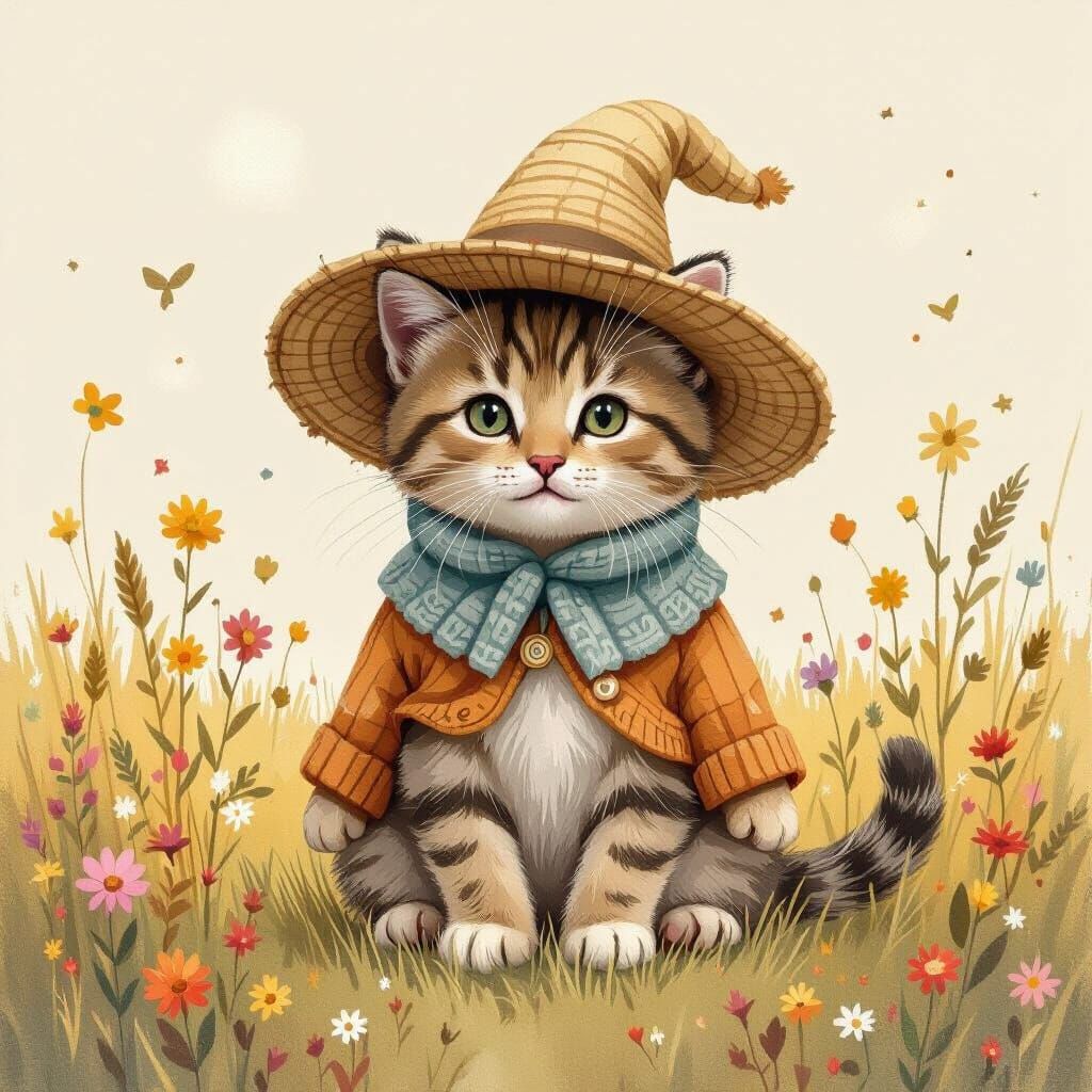 Kitten in Wool Frog Hat Amidst Sunny Meadow