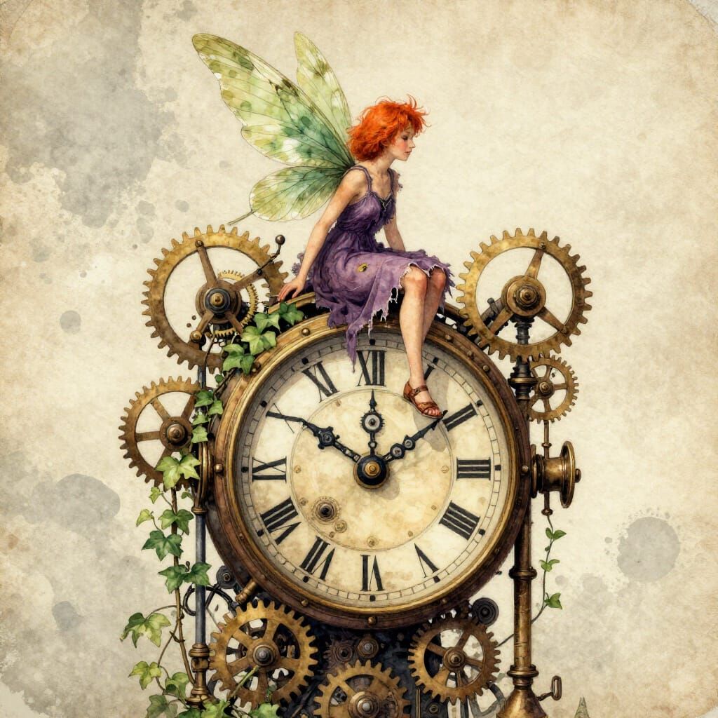 Steampunk Fairy on Antique Clock Mechanism in Vintage Waterc...